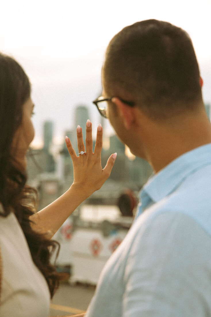 Mehrnaz holding up her hand to show the ring, beside Majid